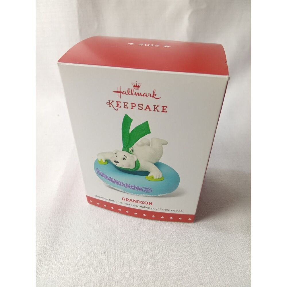 Hallmark Keepsake 2015 Grandson Polar Bear Snow Tube Christmas Ornament NIB